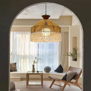 Boho rattan pendant light with natural fringe, artisan woven hanging ceiling lamp