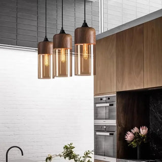 Dark wood and black aluminum pendant lamp, modern hanging ceiling light fixture