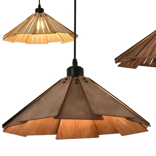 Modern walnut pendant light, natural wood grain, warm ambient hanging fixture