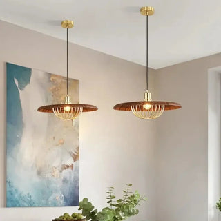 Wooden pendant lamp, gold metal round shade modern hanging ceiling light