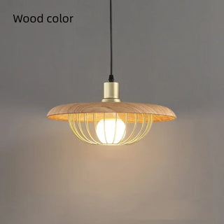 Suspension en bois – Luminaire suspendu moderne avec métal doré et abat-jour rond