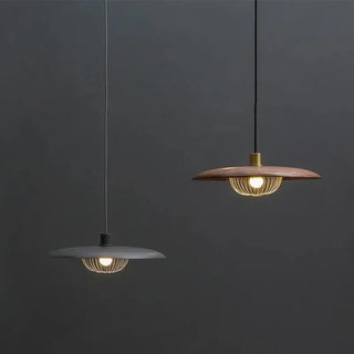 Wooden round shade pendant lamp, gold metal modern ceiling fixture
