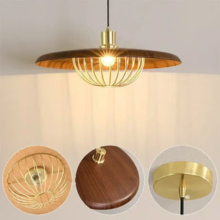 Gold metal wooden pendant light, round shade modern hanging ceiling fixture