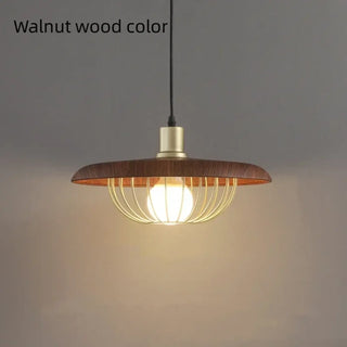 Suspension en bois – Luminaire suspendu moderne avec métal doré et abat-jour rond