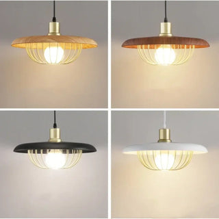 Modern wood pendant, gold metal round shade designer ceiling hanging lamp