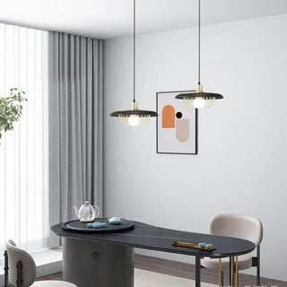 Contemporary wood pendant light, gold metal round shade hanging lamp