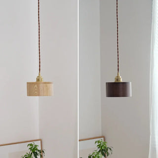 Wood and copper pendant light, minimalist walnut modern ceiling hanging fixture