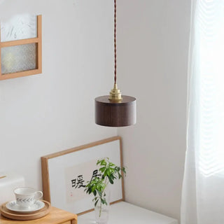 Walnut copper pendant light, minimalist wood hanging lamp for modern interiors