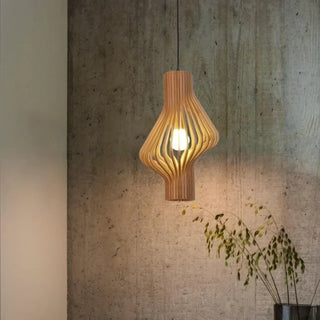 Wooden woven hanging lamp, artisan design, warm ambient pendant ceiling fixture