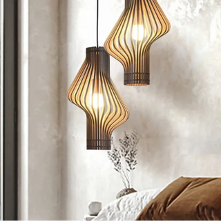 Handwoven wood pendant light, natural material, modern warm illumination