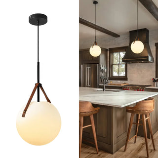 Leather strap globe pendant lamp, white soft ambient ceiling hanging light