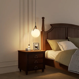 White globe hanging lamp with leather strap, soft ambient ceiling pendant