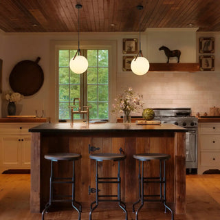 White globe pendant light with leather strap, soft ambient ceiling hanging lamp