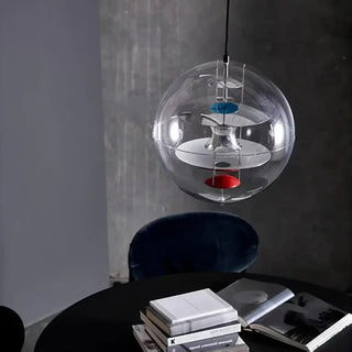 Silver glass sphere pendant light close-up, modern metallic hanging ceiling fixture