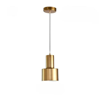 Gold pendant ceiling fixture close-up, modern elegant hanging interior lamp
