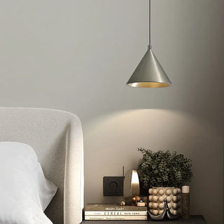 Grey metal cone pendant light with gold interior, modern ceiling lamp for living room