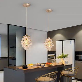 Geometric crystal pendant light close-up, luxury faceted hanging ceiling lamp