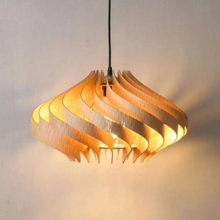 Wooden pendant light with elegant wave effect, decorative ceiling lamp for living room