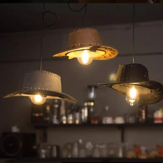 Western hat pendant in boho interior — rustic hanging ceiling fixture