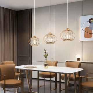 Elegant gold cage pendant lamp, crystal detail, luxury ceiling fixture for living room