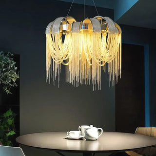 Gold string light pendant detail — designer ceiling lamp