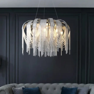 Gold pendant light with illuminated string lights — designer ceiling lamp