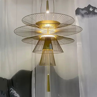 Modern industrial metal pendant light close-up, hanging ceiling lamp for urban home