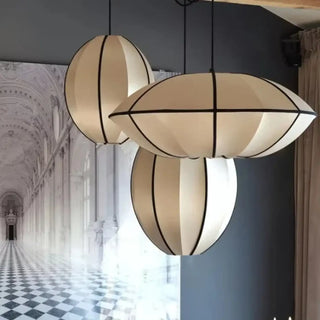 Designer Japanese-style chandelier, fabric pendant lamp with polished chrome detail