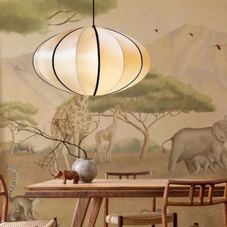Japanese medieval chandelier with soft fabric shade, polished chrome ceiling fixture