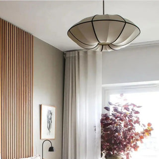 Chrome and fabric chandelier close-up, Japanese medieval-inspired hanging ceiling lamp