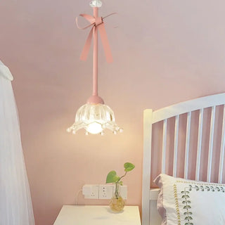 Designer pendant light, elegant glass lamp with pink ribbon accent ceiling fixture