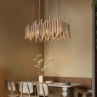 Wood effect tubular pendant ceiling fixture, modern designer hanging lamp