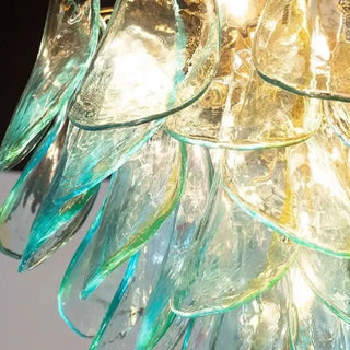 Designer colored glass metal pendant ceiling lamp detail, modern hanging fixture