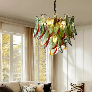 Designer pendant light, colored glass and metal, modern ceiling lamp