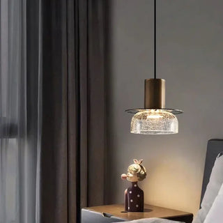 Designer pendant light, textured glass and gold tone warm ambient ceiling fixture