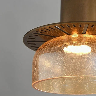 Gold tone designer pendant lamp, textured glass warm ambient ceiling hanging fixture