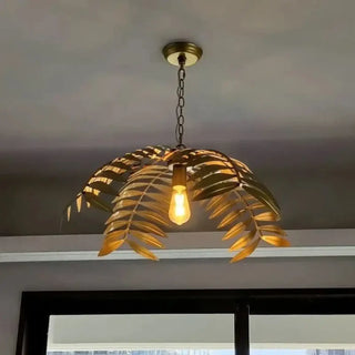 Luxury botanical pendant lamp in gold with tropical leaves, hanging ceiling light