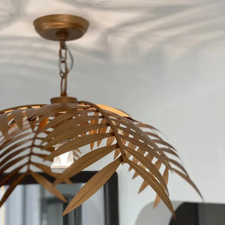 Gold botanical pendant ceiling lamp with tropical foliage, luxury hanging light