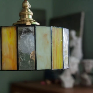 Colored glass copper pendant ceiling lamp detail, eclectic designer hanging light