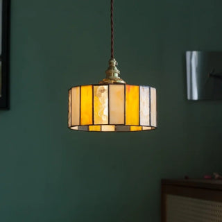 Eclectic colored glass pendant light with copper fixture, living room ceiling lamp