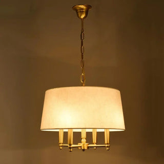 Copper pendant light in interior — polished modern hanging chandelier