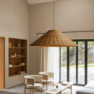 Contemporary bohemian pendant light, natural fiber warm ambient ceiling fixture