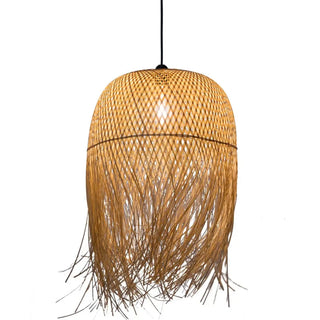 Organic bamboo metal pendant lamp, elongated hanging ceiling light for dining room