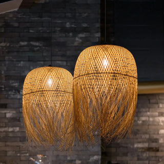 Bamboo and metal elongated pendant ceiling lamp, organic modern hanging light
