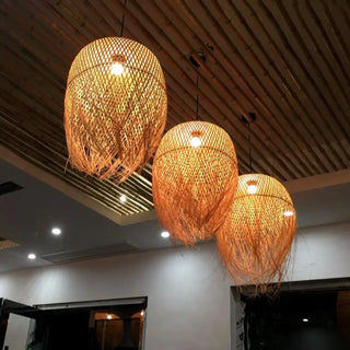 Designer elongated bamboo pendant light, organic metal hanging ceiling fixture