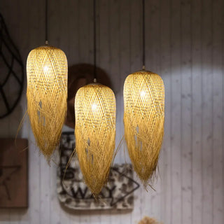 Elongated bamboo and metal pendant light, organic hanging ceiling lamp for living room
