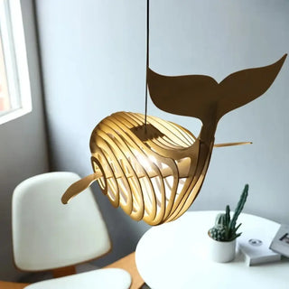 Decorative whale pendant light, warm ambient wood ceiling hanging fixture