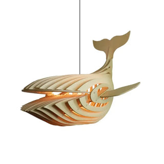 Wood whale pendant light, warm ambient decorative ceiling hanging fixture