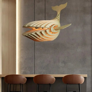 Wooden whale shaped pendant light, warm ambient ceiling hanging fixture