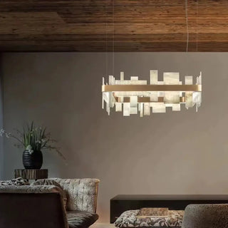 Designer geometric pendant, marble effect LED, modern warm ambient ceiling light